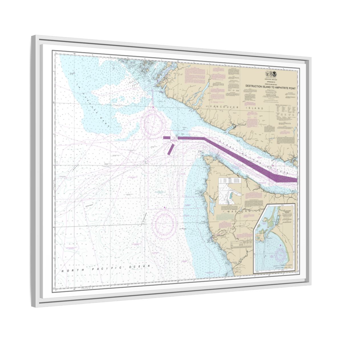 Chart 18480 Approaches to Strait of Juan de Fuca Destruction lsland to Amphitrite Point - NOAA Nautical Chart Floating Frame Canvas | 32" x 24" | 40" x 30" - White side