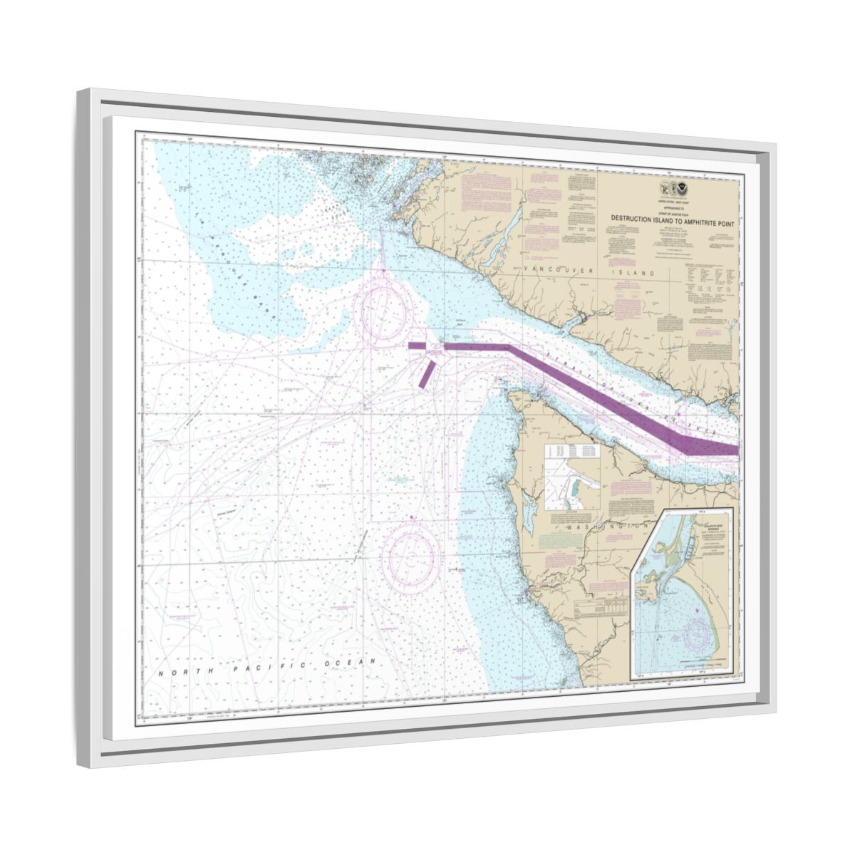 Chart 18480 Approaches to Strait of Juan de Fuca Destruction lsland to Amphitrite Point - NOAA Nautical Chart Floating Frame Canvas | 32" x 24" | 40" x 30" - White side