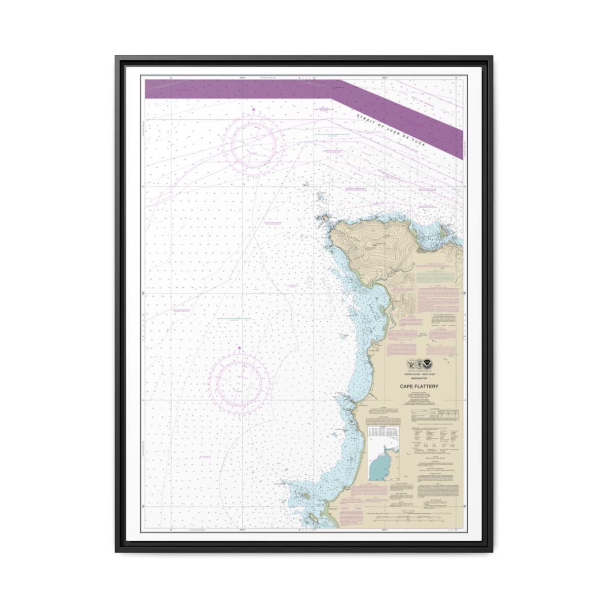 Chart 18485 Cape Flattery - NOAA Nautical Chart Floating Frame Canvas | 24" x 32" | 30" x 40" - Black front