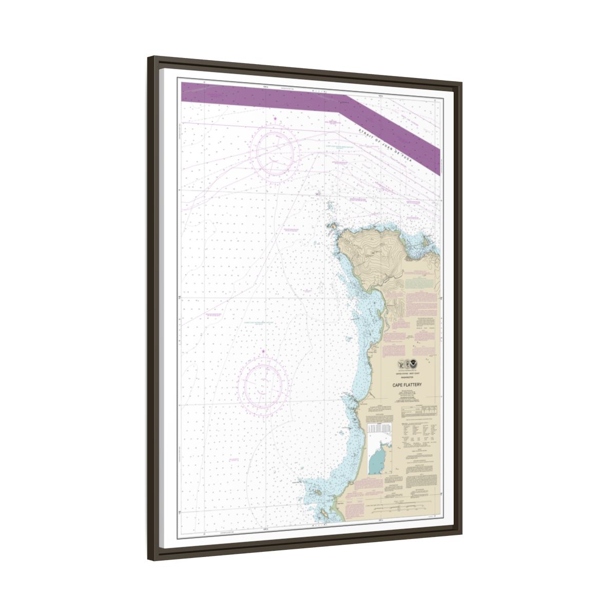 Chart 18485 Cape Flattery - NOAA Nautical Chart Floating Frame Canvas | 24" x 32" | 30" x 40" - Espresso side