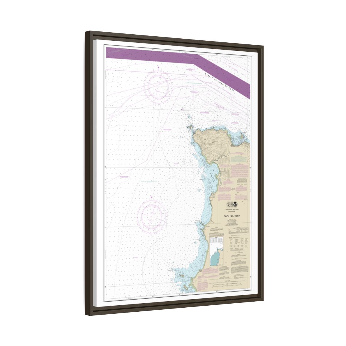 Chart 18485 Cape Flattery - NOAA Nautical Chart Floating Frame Canvas | 24" x 32" | 30" x 40" - Espresso side