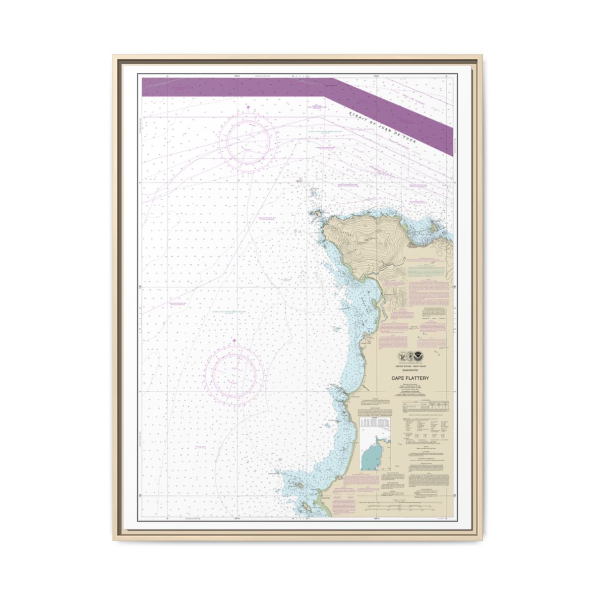 Chart 18485 Cape Flattery - NOAA Nautical Chart Floating Frame Canvas | 24" x 32" | 30" x 40" - Natural front