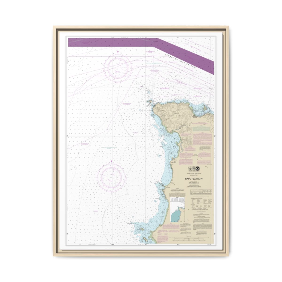 Chart 18485 Cape Flattery - NOAA Nautical Chart Floating Frame Canvas | 24" x 32" | 30" x 40" - Natural front