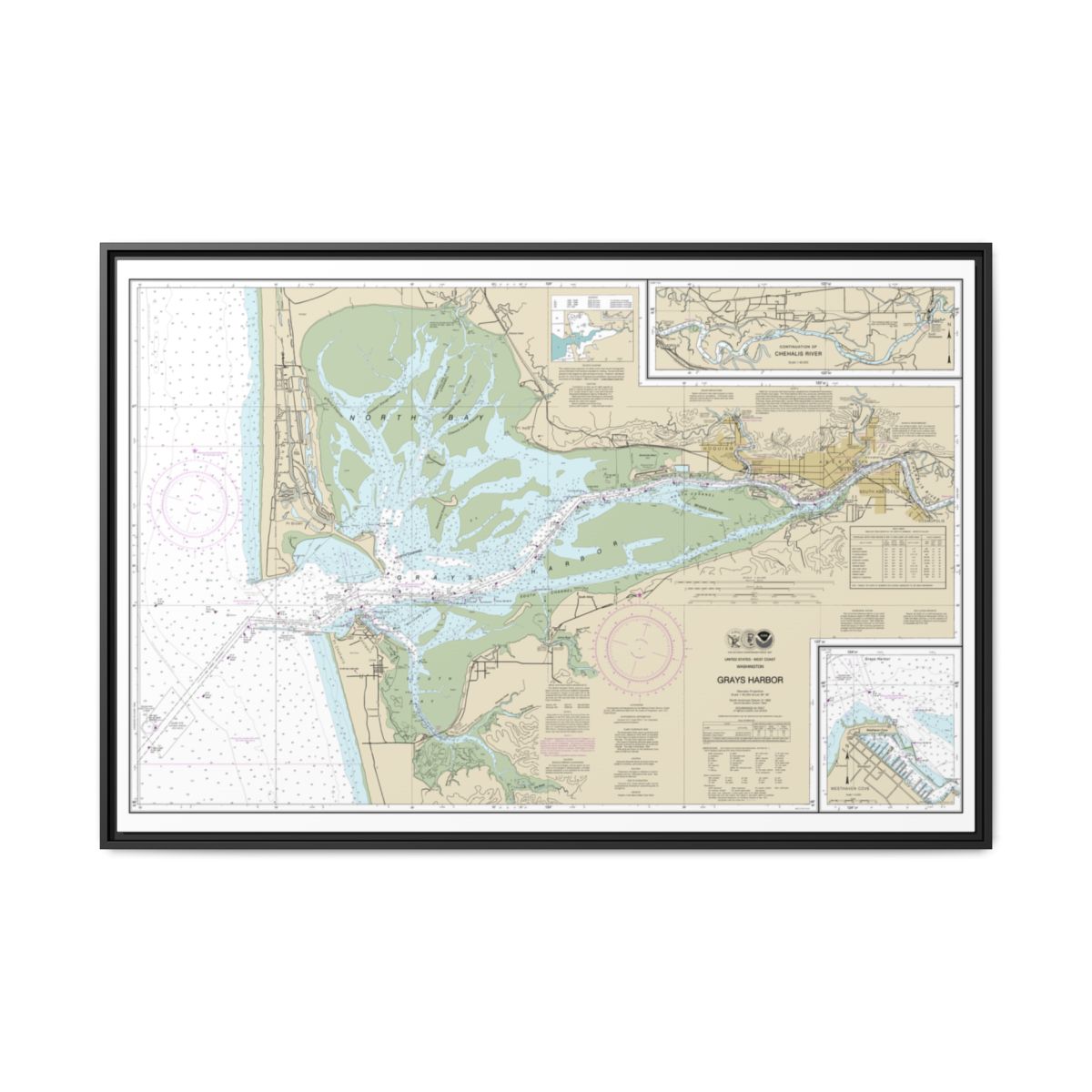Chart 18502 Grays Harbor;Westhaven Cove - NOAA Nautical Chart Floating Frame Canvas | 30" x 20" | 36" x 24" | 48" x 32" - Black front