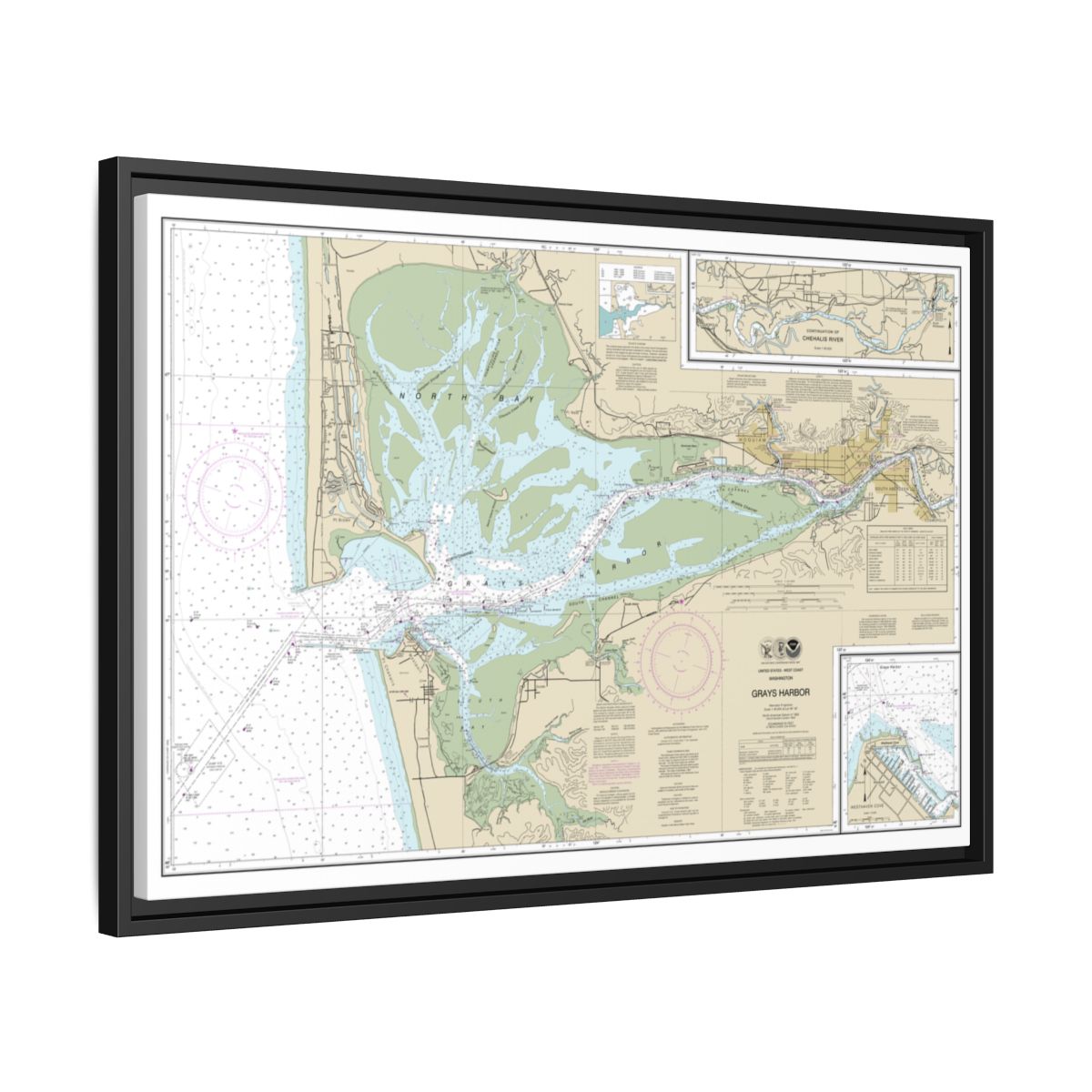 Chart 18502 Grays Harbor;Westhaven Cove - NOAA Nautical Chart Floating Frame Canvas | 30" x 20" | 36" x 24" | 48" x 32" - Black side