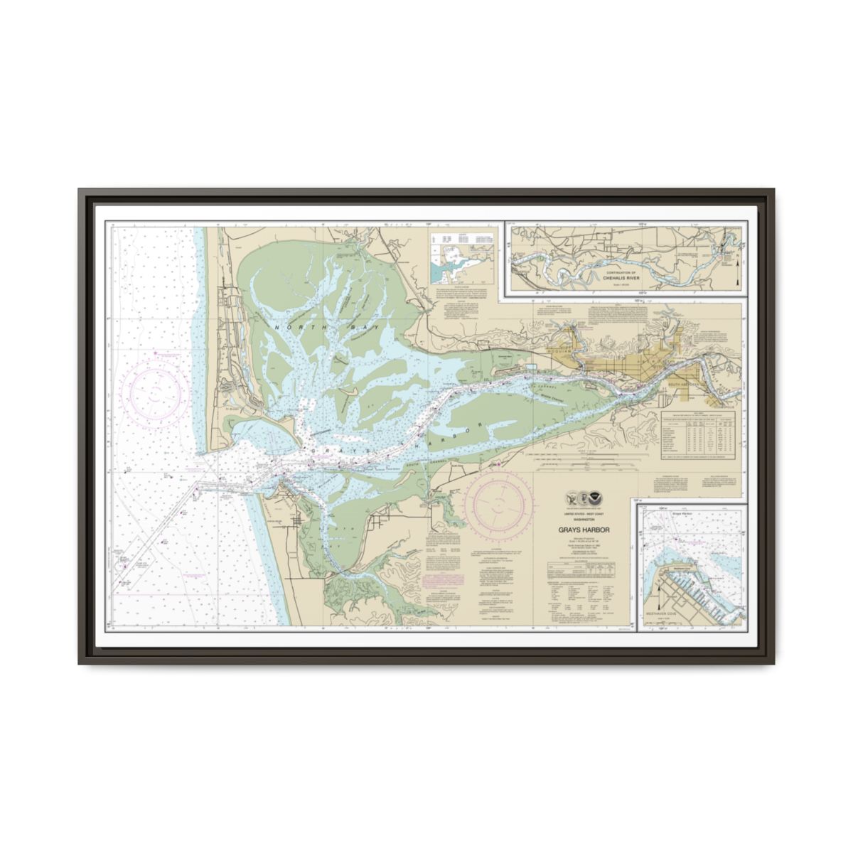 Chart 18502 Grays Harbor;Westhaven Cove - NOAA Nautical Chart Floating Frame Canvas | 30" x 20" | 36" x 24" | 48" x 32" - Espresso front