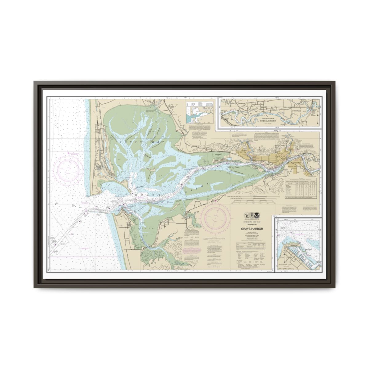 Chart 18502 Grays Harbor;Westhaven Cove - NOAA Nautical Chart Floating Frame Canvas | 30" x 20" | 36" x 24" | 48" x 32" - Espresso front