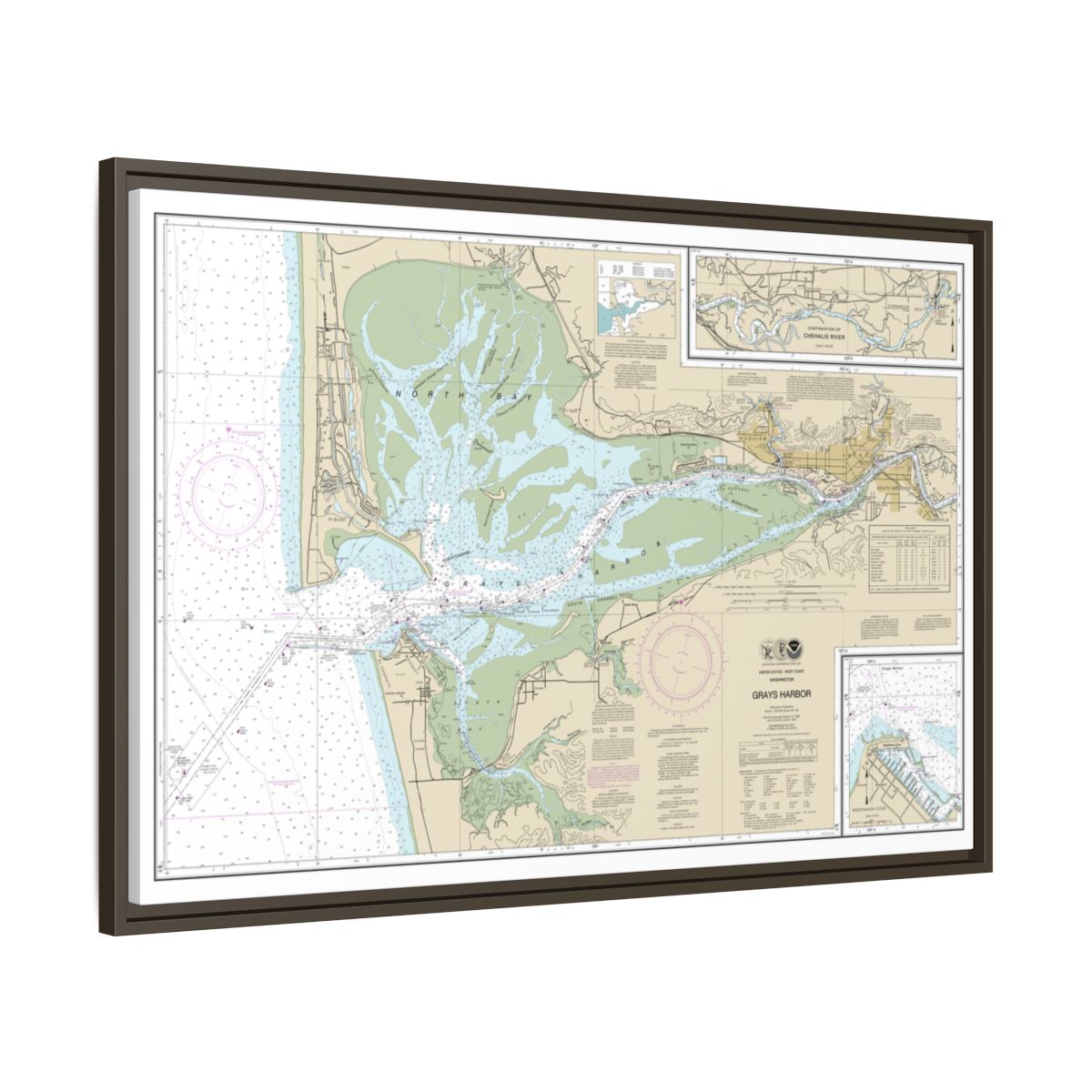 Chart 18502 Grays Harbor;Westhaven Cove - NOAA Nautical Chart Floating Frame Canvas | 30" x 20" | 36" x 24" | 48" x 32" - Espresso side