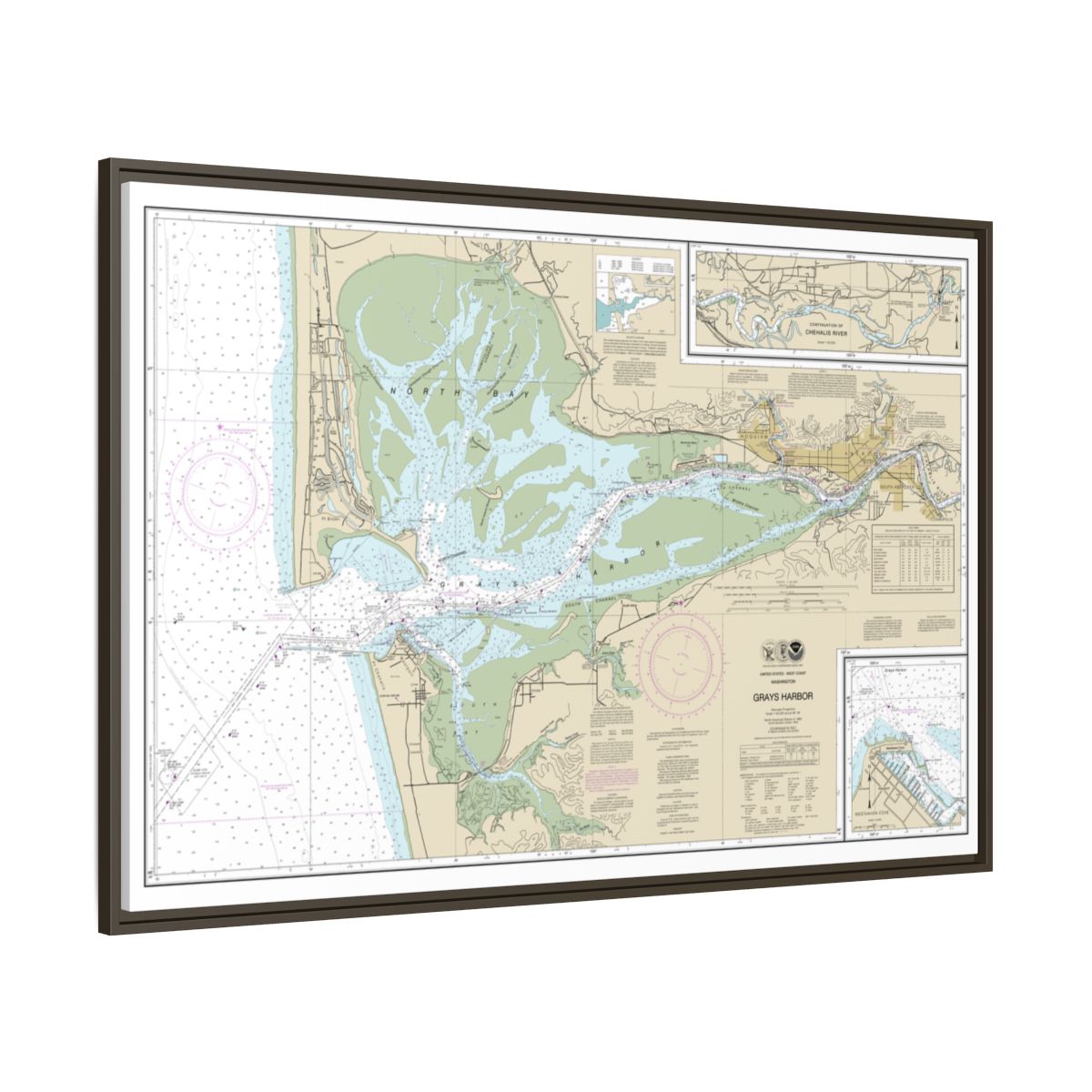 Chart 18502 Grays Harbor;Westhaven Cove - NOAA Nautical Chart Floating Frame Canvas | 30" x 20" | 36" x 24" | 48" x 32" - Espresso side