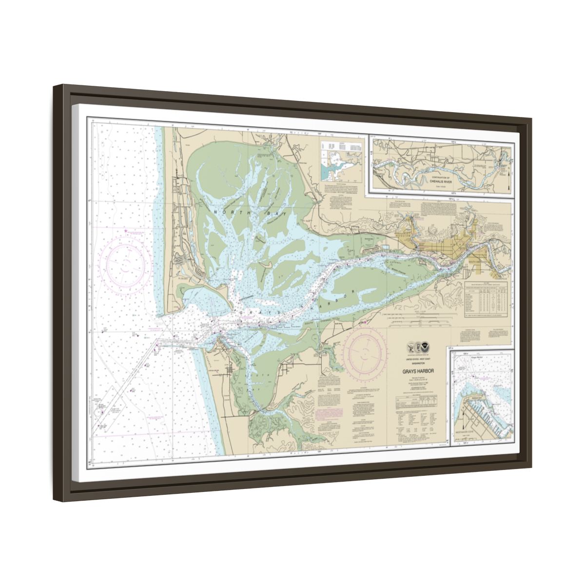 Chart 18502 Grays Harbor;Westhaven Cove - NOAA Nautical Chart Floating Frame Canvas | 30" x 20" | 36" x 24" | 48" x 32" - Espresso side