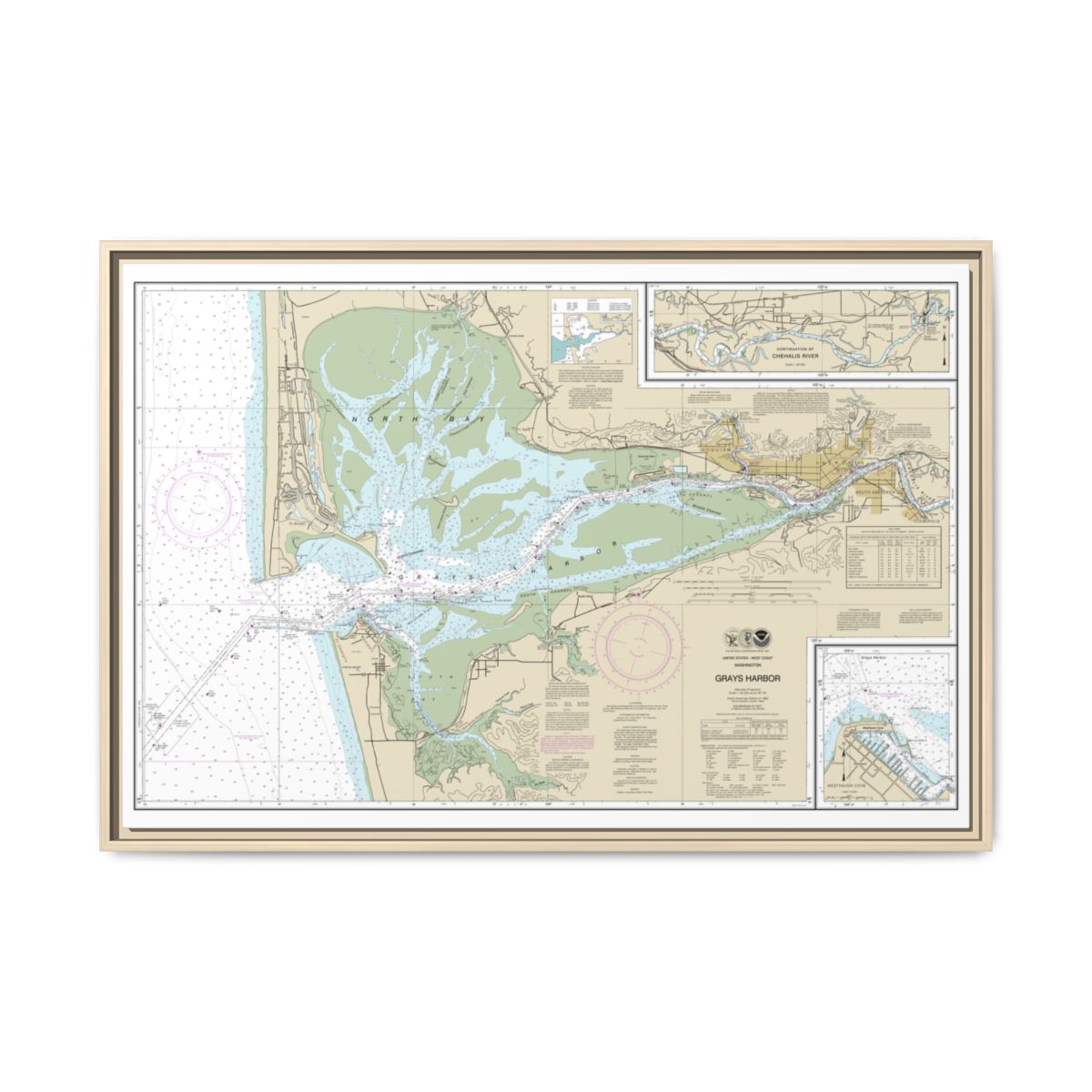 Chart 18502 Grays Harbor;Westhaven Cove - NOAA Nautical Chart Floating Frame Canvas | 30" x 20" | 36" x 24" | 48" x 32" - Natural front