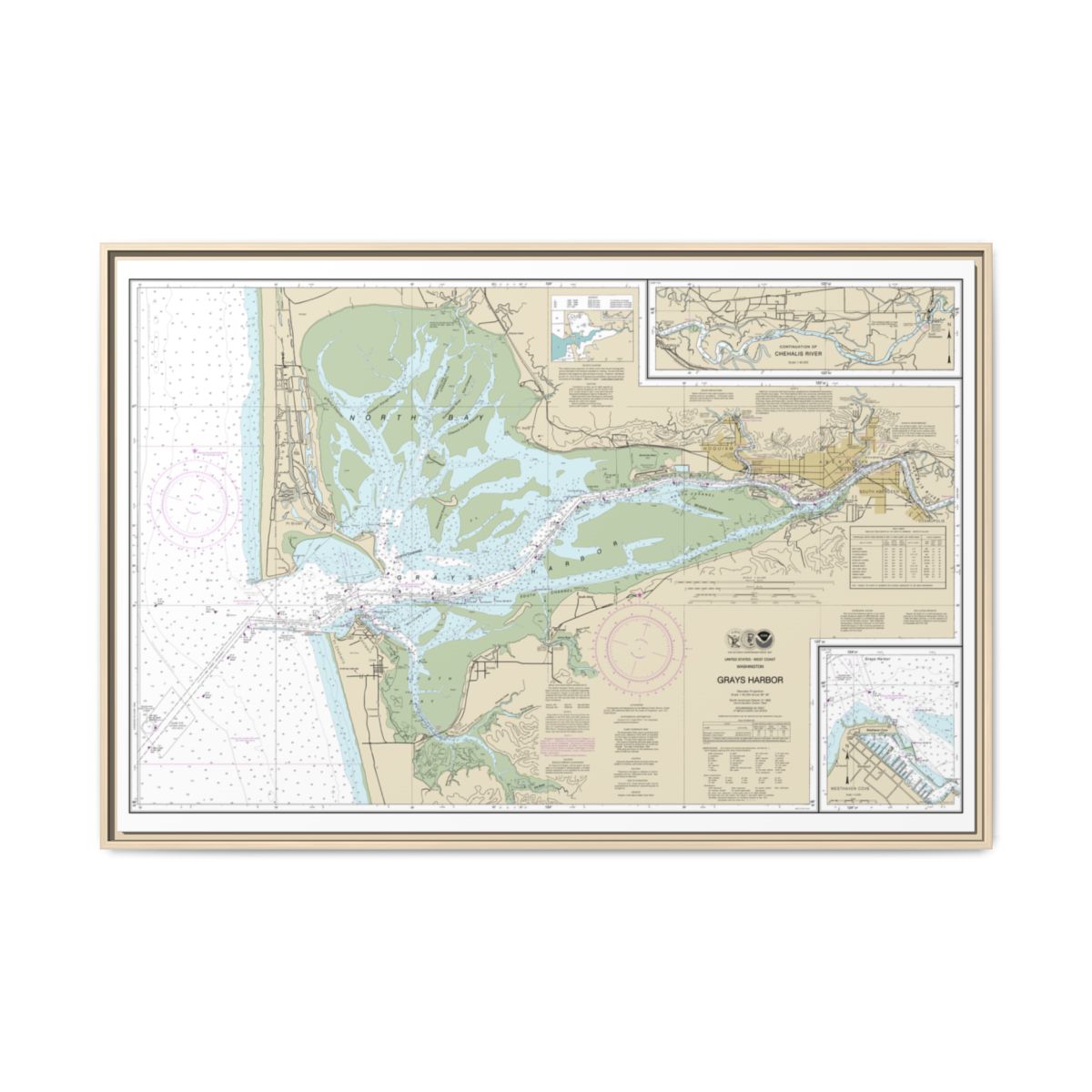 Chart 18502 Grays Harbor;Westhaven Cove - NOAA Nautical Chart Floating Frame Canvas | 30" x 20" | 36" x 24" | 48" x 32" - Natural front