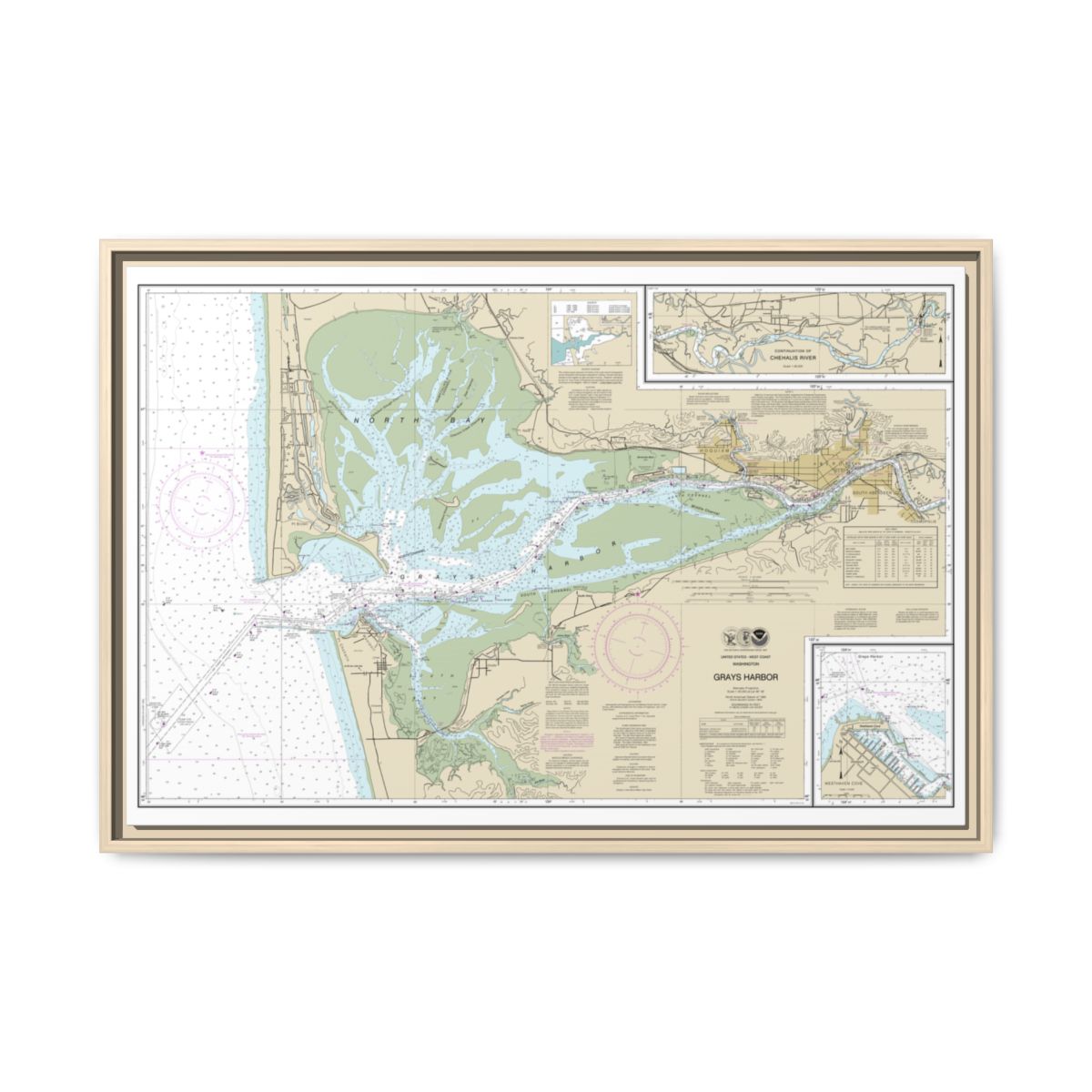 Chart 18502 Grays Harbor;Westhaven Cove - NOAA Nautical Chart Floating Frame Canvas | 30" x 20" | 36" x 24" | 48" x 32" - Natural front