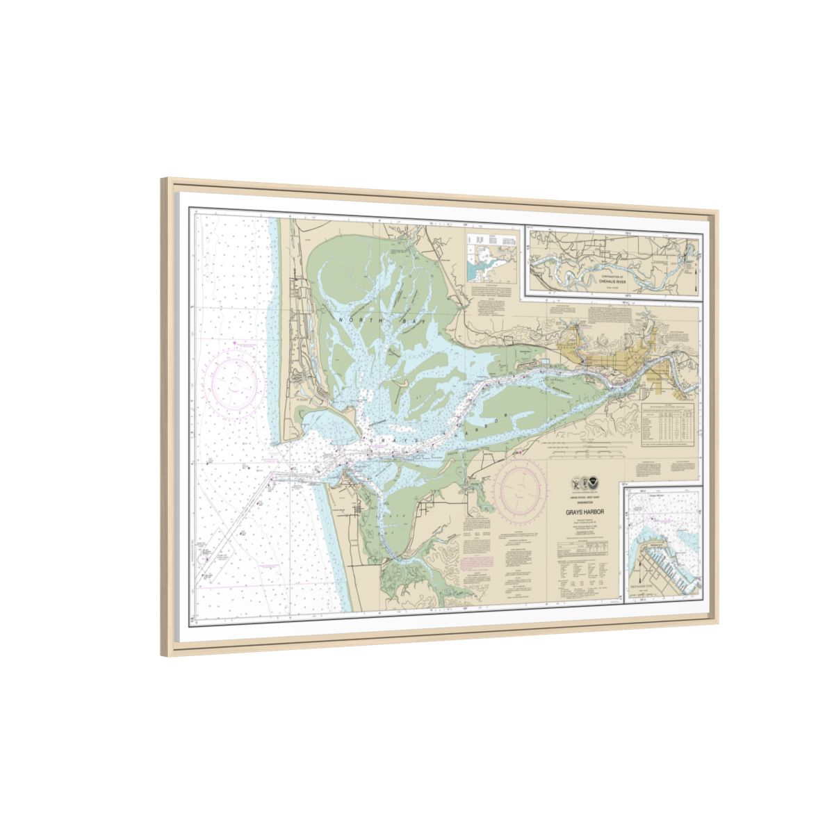 Chart 18502 Grays Harbor;Westhaven Cove - NOAA Nautical Chart Floating Frame Canvas | 30" x 20" | 36" x 24" | 48" x 32" - Natural side