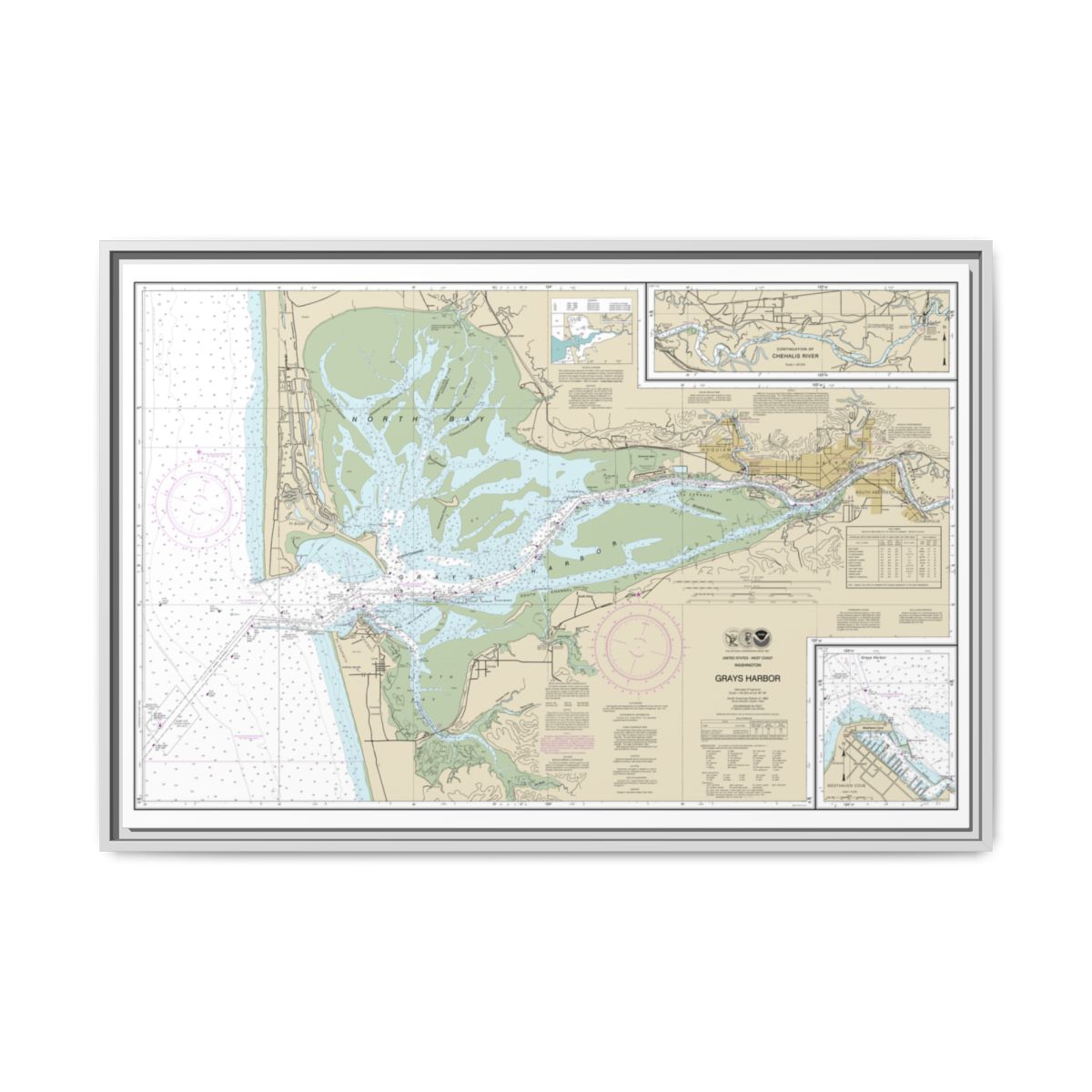 Chart 18502 Grays Harbor;Westhaven Cove - NOAA Nautical Chart Floating Frame Canvas | 30" x 20" | 36" x 24" | 48" x 32" - White front