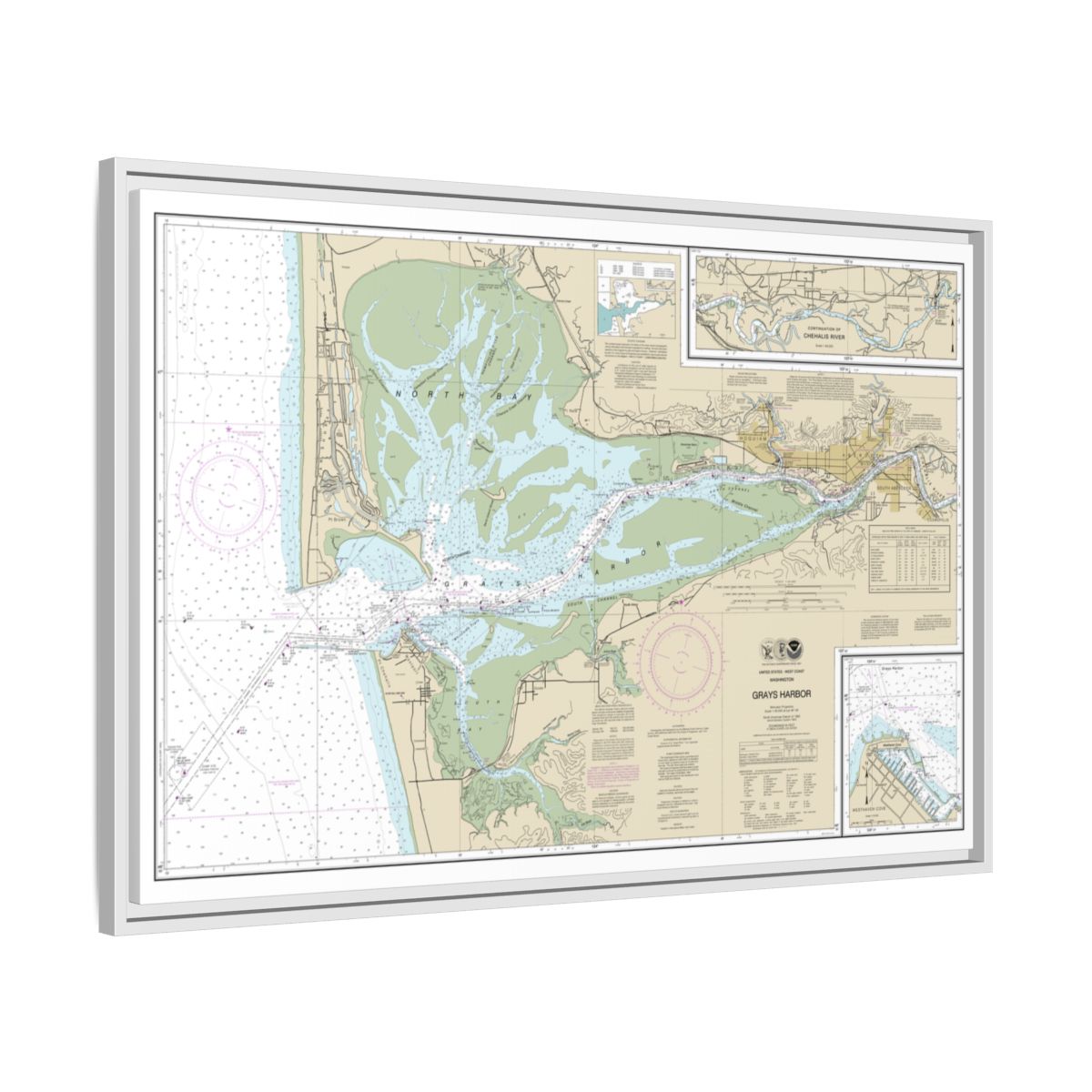 Chart 18502 Grays Harbor;Westhaven Cove - NOAA Nautical Chart Floating Frame Canvas | 30" x 20" | 36" x 24" | 48" x 32" - White side