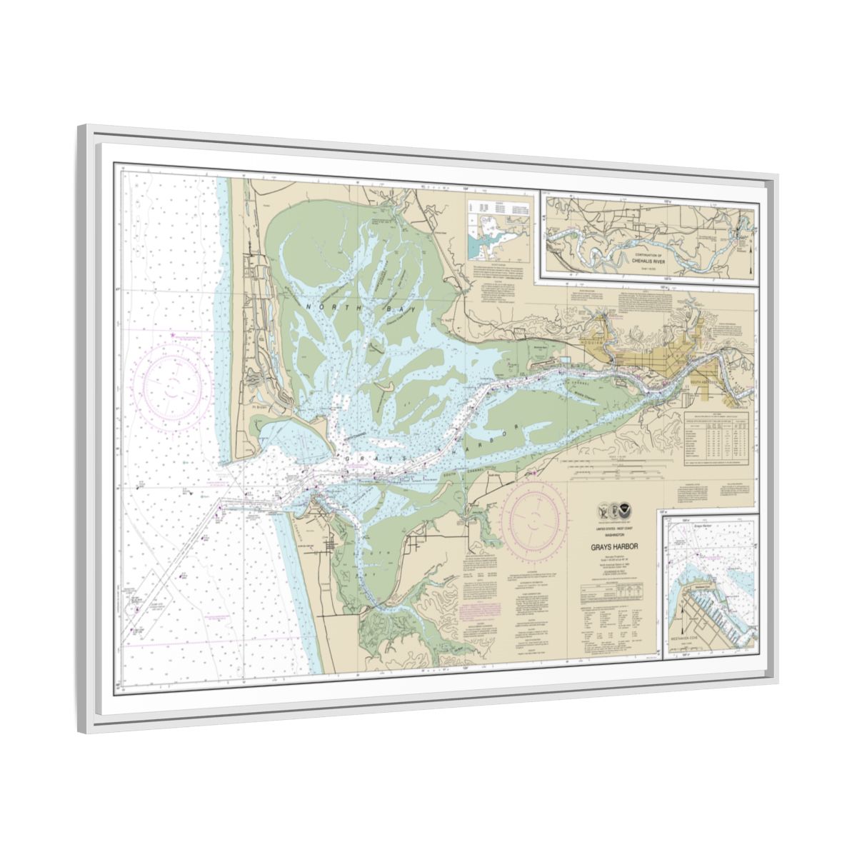Chart 18502 Grays Harbor;Westhaven Cove - NOAA Nautical Chart Floating Frame Canvas | 30" x 20" | 36" x 24" | 48" x 32" - White side