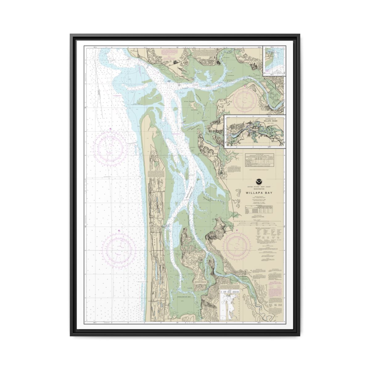 Chart 18504 Willapa Bay;Toke Pt. - NOAA Nautical Chart Floating Frame Canvas | 24" x 32" | 30" x 40" - Black front