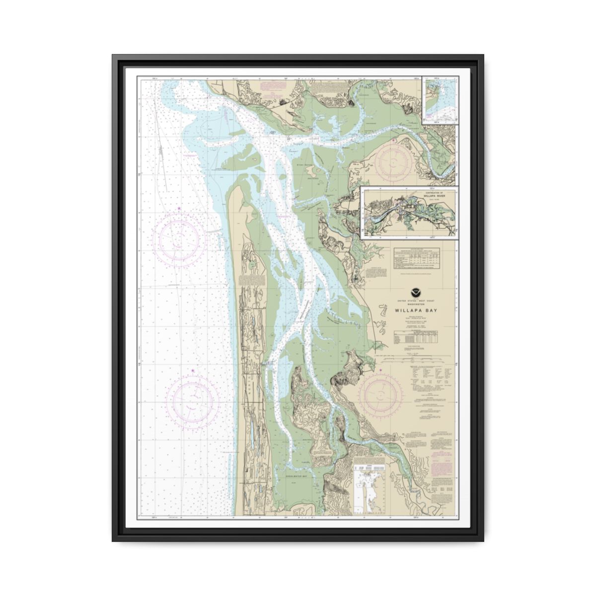 Chart 18504 Willapa Bay;Toke Pt. - NOAA Nautical Chart Floating Frame Canvas | 24" x 32" | 30" x 40" - Black front