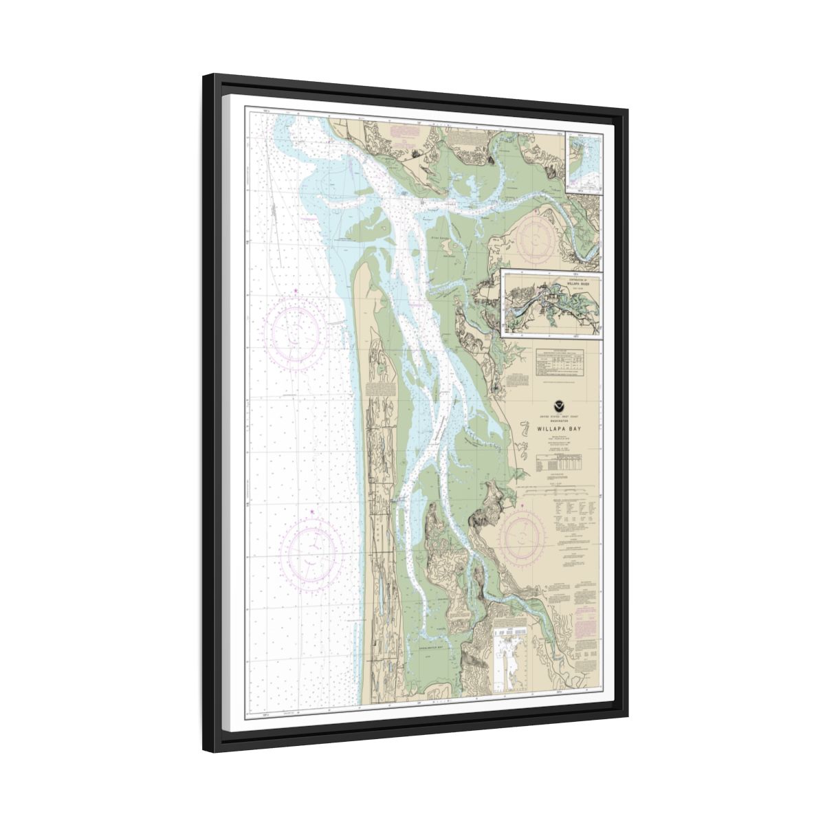 Chart 18504 Willapa Bay;Toke Pt. - NOAA Nautical Chart Floating Frame Canvas | 24" x 32" | 30" x 40" - Black side