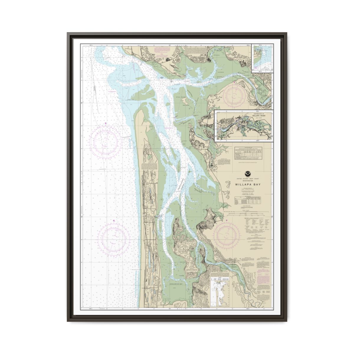 Chart 18504 Willapa Bay;Toke Pt. - NOAA Nautical Chart Floating Frame Canvas | 24" x 32" | 30" x 40" - Espresso front
