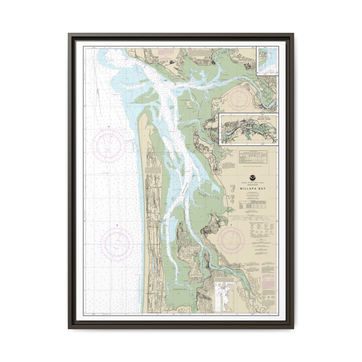 Chart 18504 Willapa Bay;Toke Pt. - NOAA Nautical Chart Floating Frame Canvas | 24" x 32" | 30" x 40" - Espresso front
