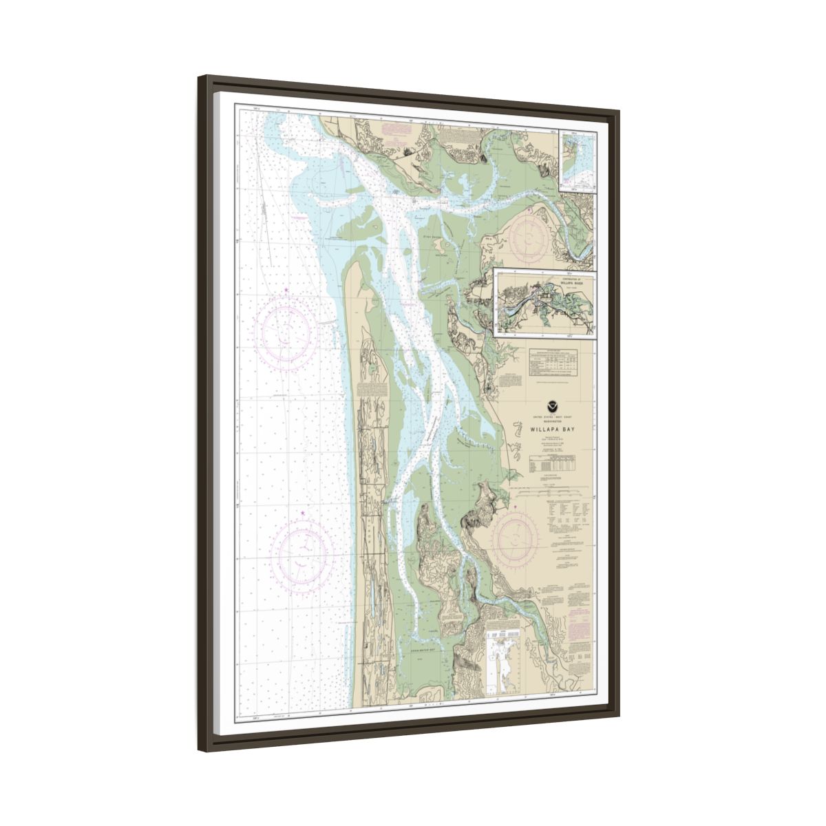 Chart 18504 Willapa Bay;Toke Pt. - NOAA Nautical Chart Floating Frame Canvas | 24" x 32" | 30" x 40" - Espresso side
