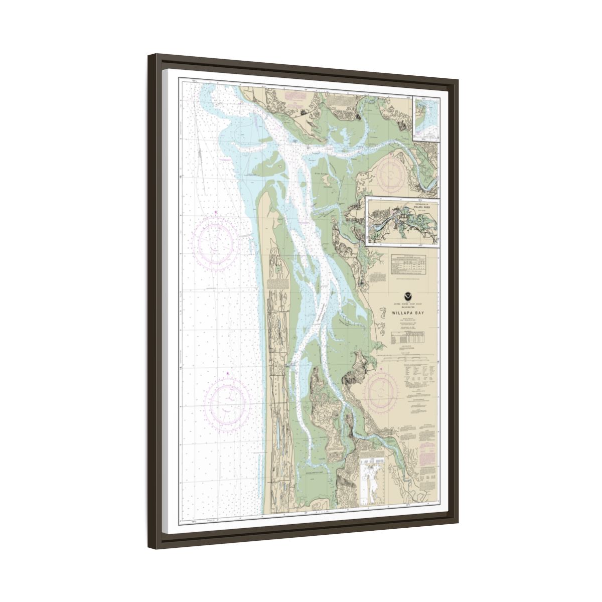 Chart 18504 Willapa Bay;Toke Pt. - NOAA Nautical Chart Floating Frame Canvas | 24" x 32" | 30" x 40" - Espresso side