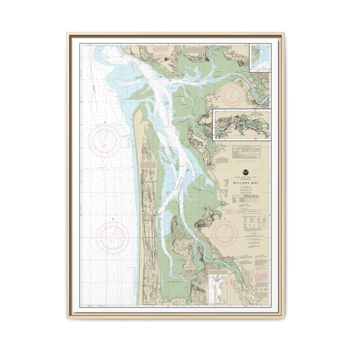Chart 18504 Willapa Bay;Toke Pt. - NOAA Nautical Chart Floating Frame Canvas | 24" x 32" | 30" x 40" - Natural front