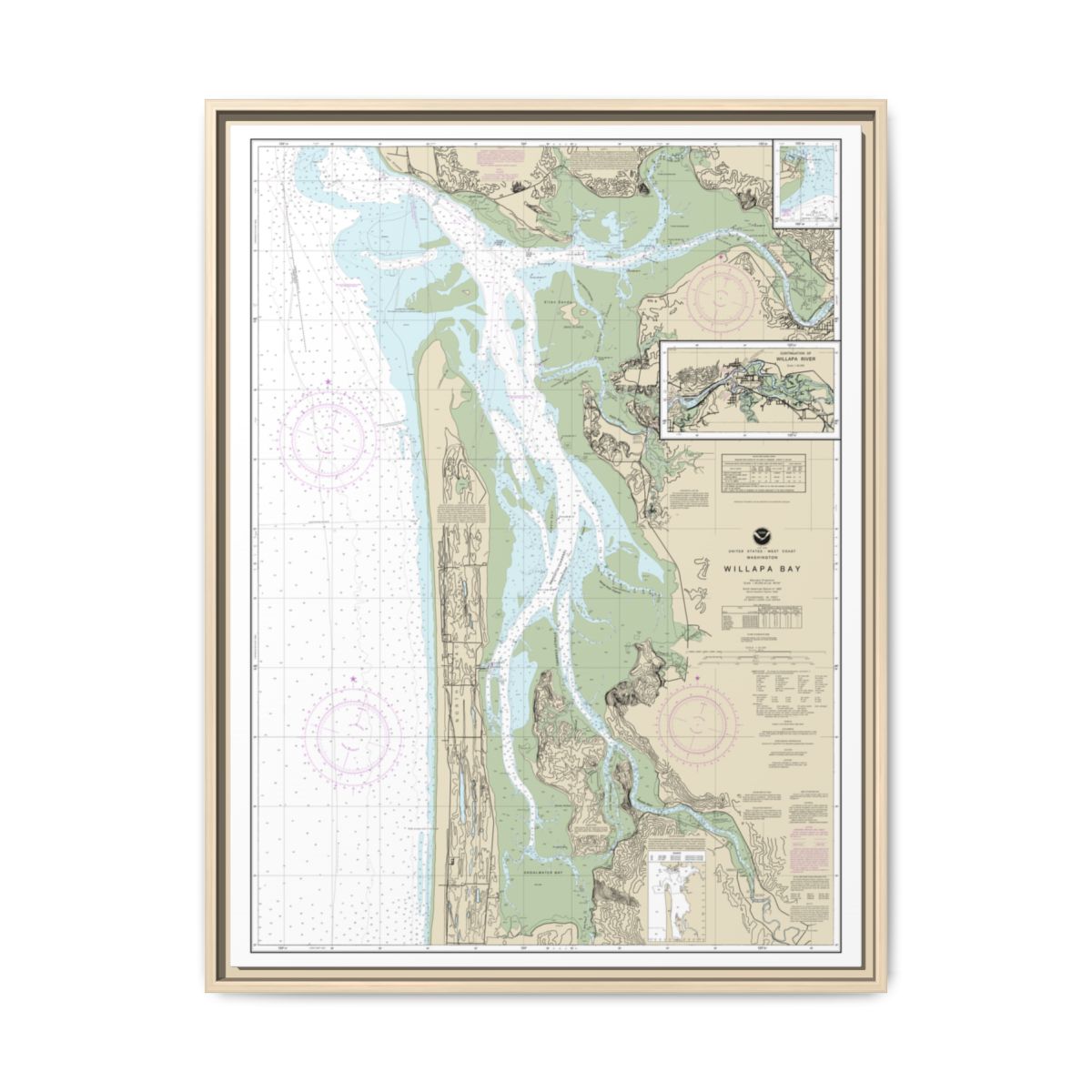 Chart 18504 Willapa Bay;Toke Pt. - NOAA Nautical Chart Floating Frame Canvas | 24" x 32" | 30" x 40" - Natural front