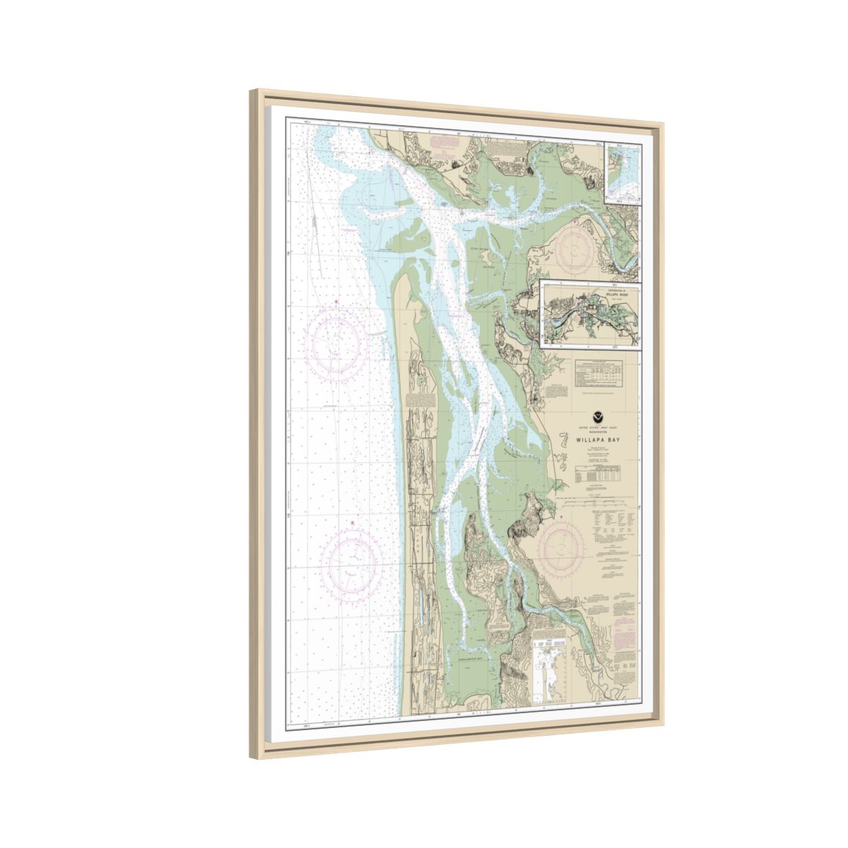 Chart 18504 Willapa Bay;Toke Pt. - NOAA Nautical Chart Floating Frame Canvas | 24" x 32" | 30" x 40" - Natural side