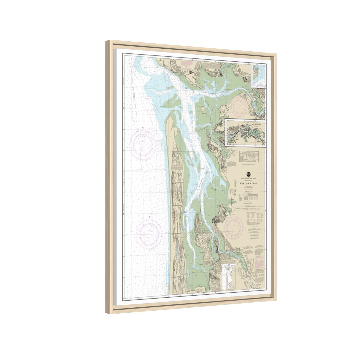 Chart 18504 Willapa Bay;Toke Pt. - NOAA Nautical Chart Floating Frame Canvas | 24" x 32" | 30" x 40" - Natural side