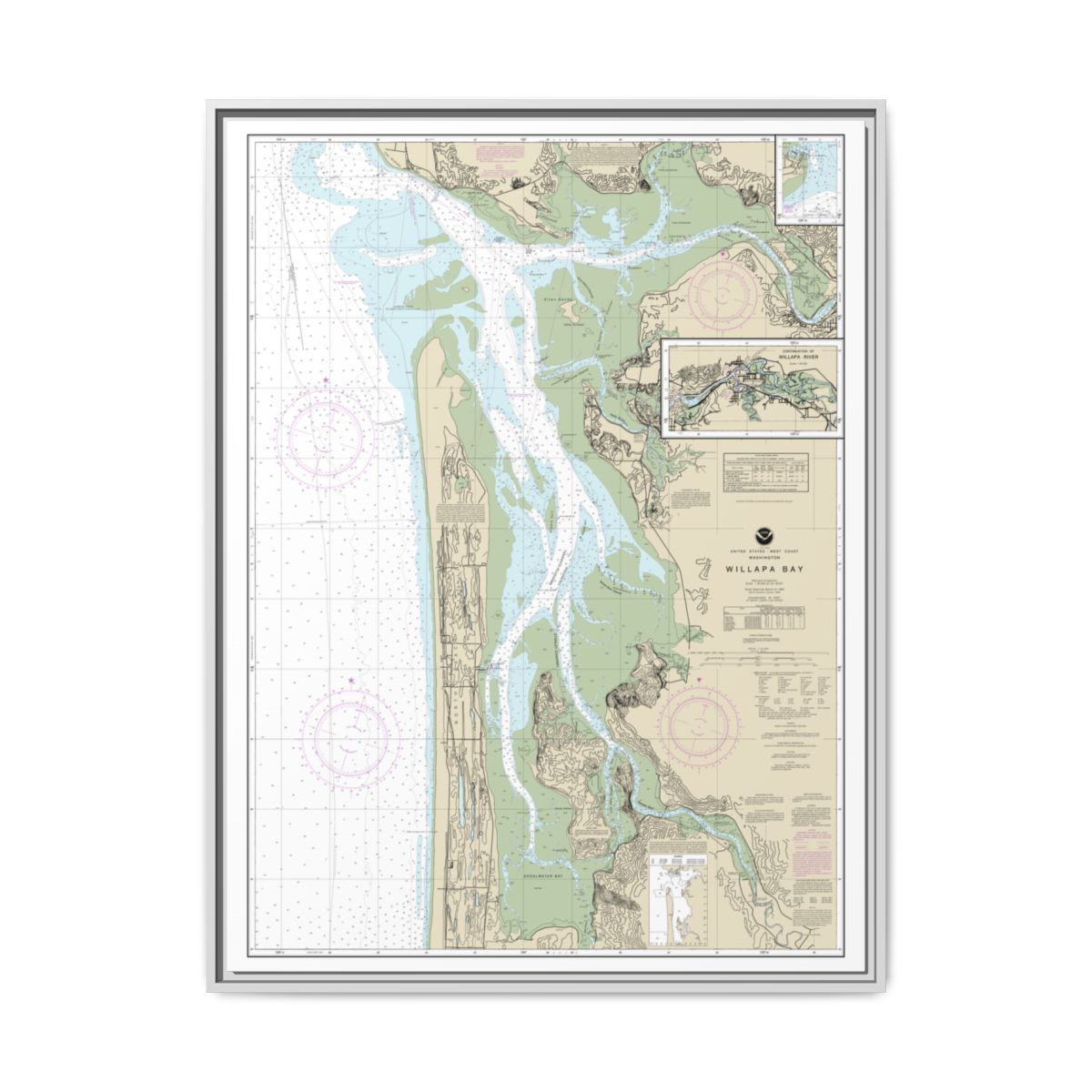 Chart 18504 Willapa Bay;Toke Pt. - NOAA Nautical Chart Floating Frame Canvas | 24" x 32" | 30" x 40" - White front