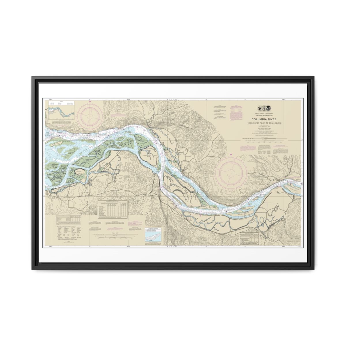 Chart 18523 Columbia River Harrington Point to Crims Island - NOAA Nautical Chart Floating Frame Canvas | 30" x 20" | 36" x 24" | 48" x 32" - Black front