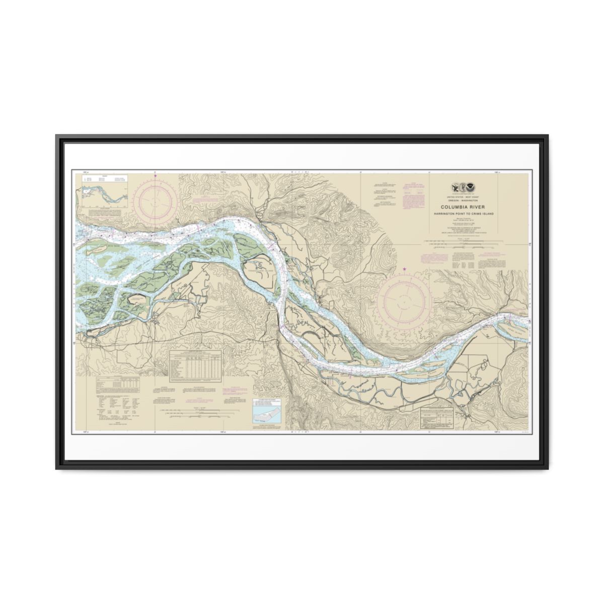 Chart 18523 Columbia River Harrington Point to Crims Island - NOAA Nautical Chart Floating Frame Canvas | 30" x 20" | 36" x 24" | 48" x 32" - Black front