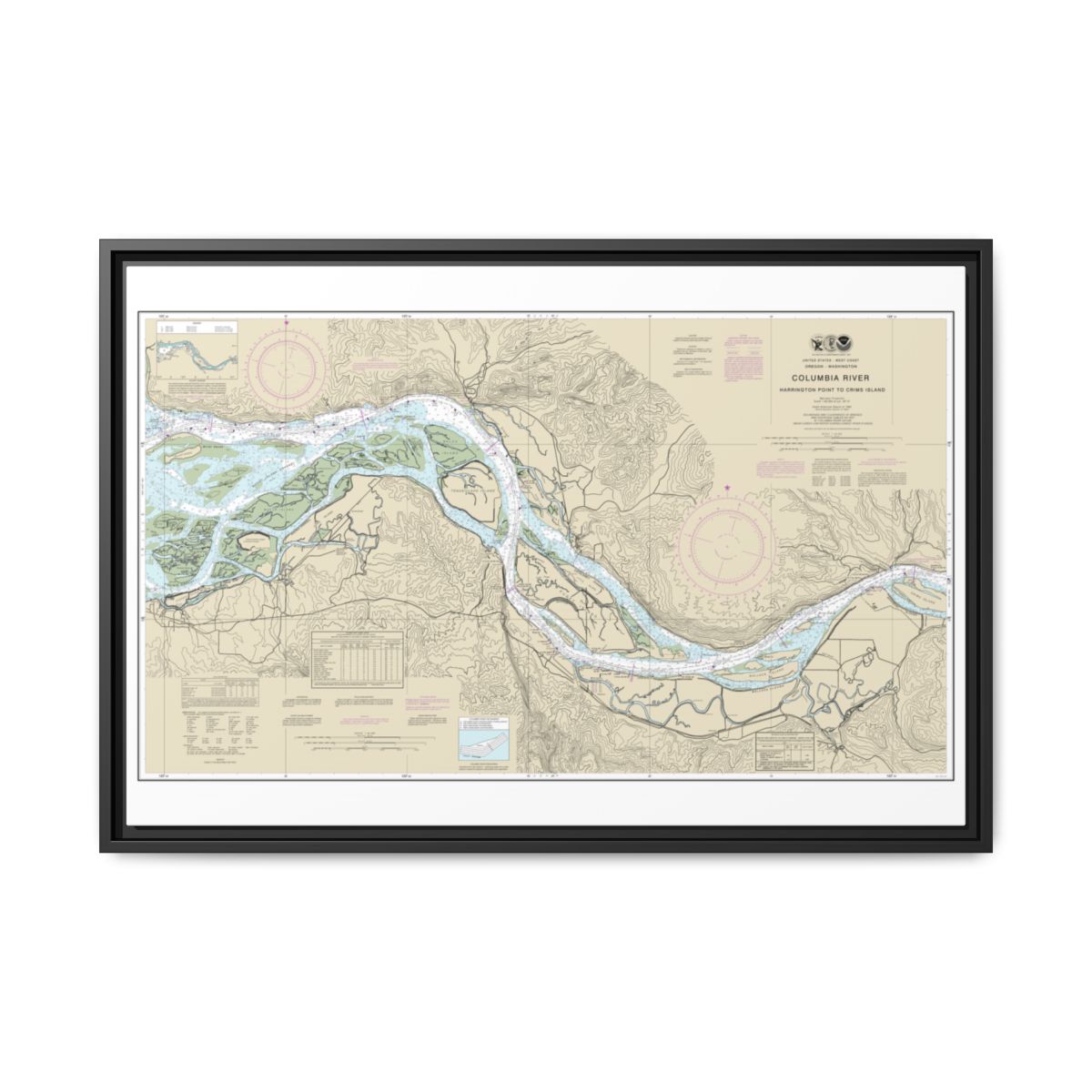 Chart 18523 Columbia River Harrington Point to Crims Island - NOAA Nautical Chart Floating Frame Canvas | 30" x 20" | 36" x 24" | 48" x 32" - Black front