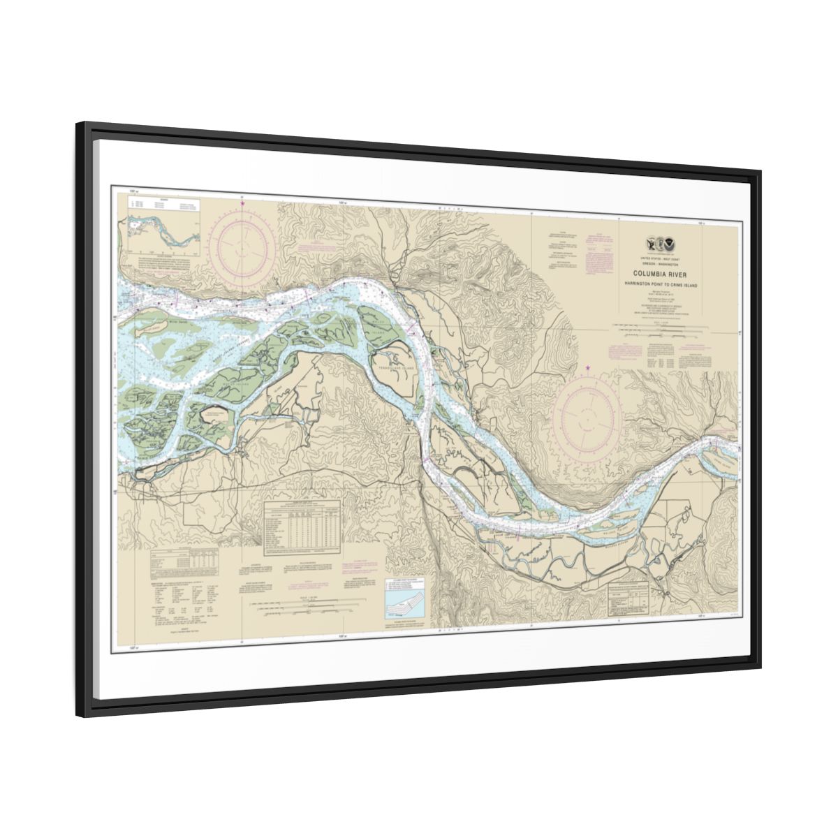 Chart 18523 Columbia River Harrington Point to Crims Island - NOAA Nautical Chart Floating Frame Canvas | 30" x 20" | 36" x 24" | 48" x 32" - Black side