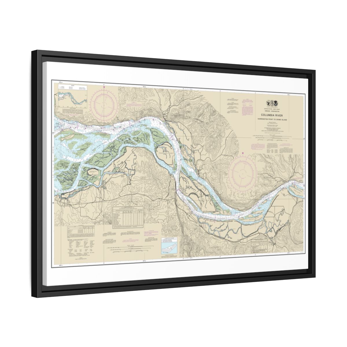 Chart 18523 Columbia River Harrington Point to Crims Island - NOAA Nautical Chart Floating Frame Canvas | 30" x 20" | 36" x 24" | 48" x 32" - Black side