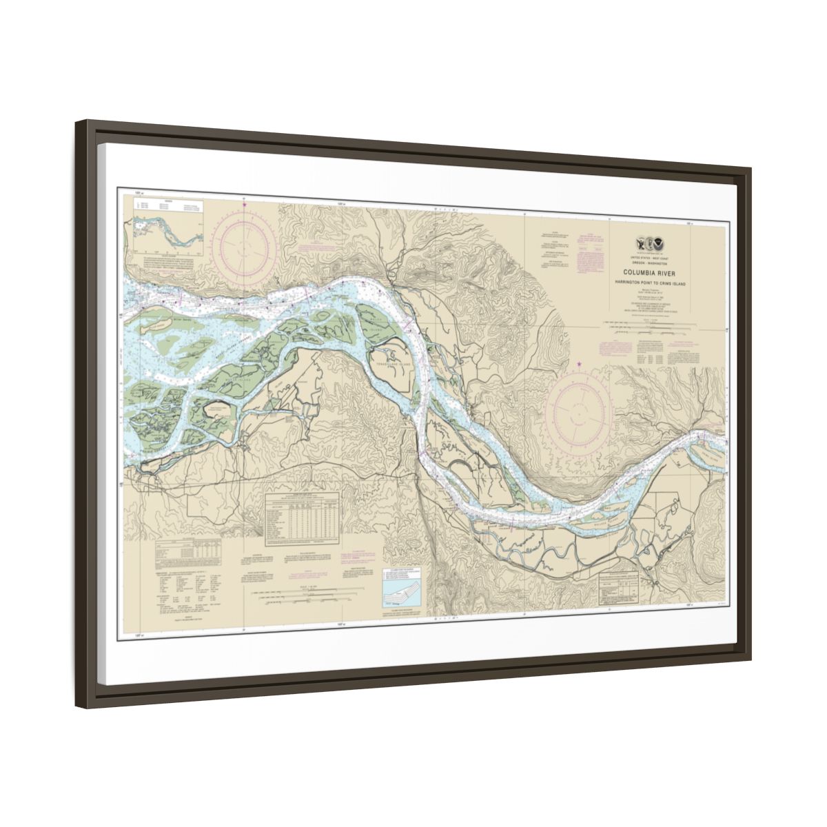 Chart 18523 Columbia River Harrington Point to Crims Island - NOAA Nautical Chart Floating Frame Canvas | 30" x 20" | 36" x 24" | 48" x 32" - Espresso side