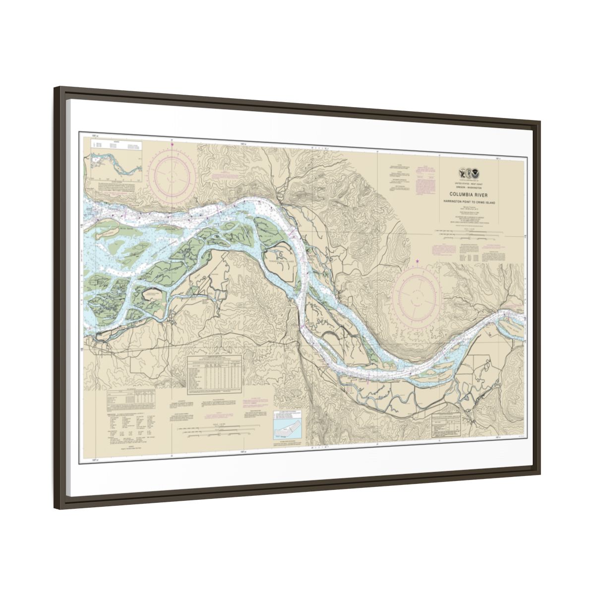 Chart 18523 Columbia River Harrington Point to Crims Island - NOAA Nautical Chart Floating Frame Canvas | 30" x 20" | 36" x 24" | 48" x 32" - Espresso side