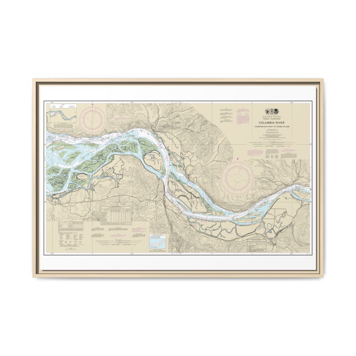 Chart 18523 Columbia River Harrington Point to Crims Island - NOAA Nautical Chart Floating Frame Canvas | 30" x 20" | 36" x 24" | 48" x 32" - Natural front