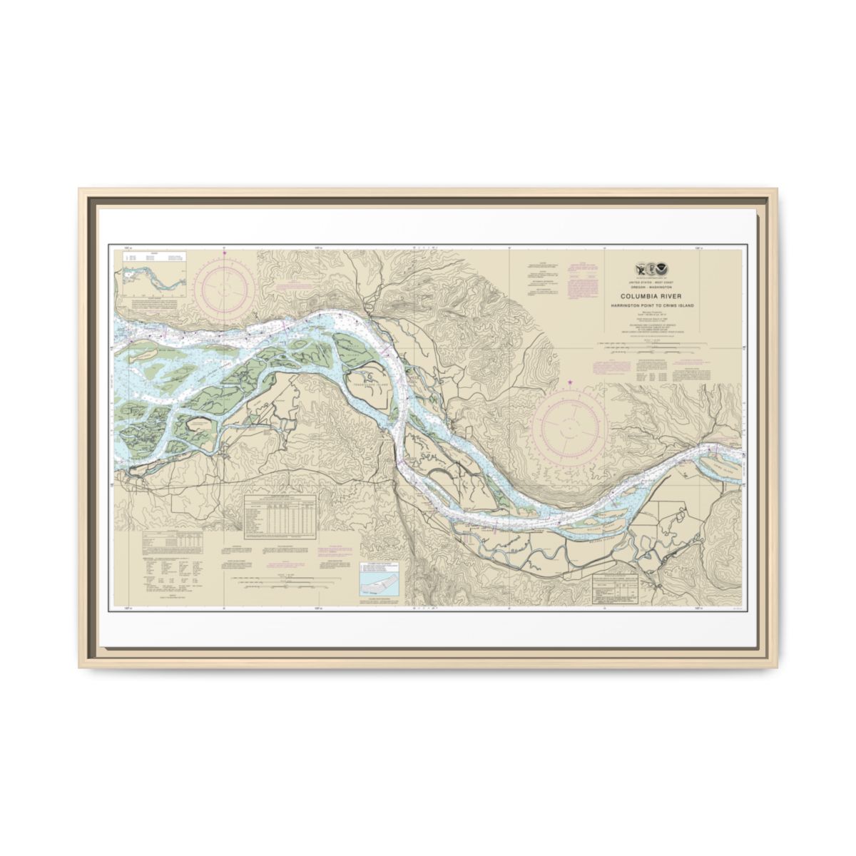 Chart 18523 Columbia River Harrington Point to Crims Island - NOAA Nautical Chart Floating Frame Canvas | 30" x 20" | 36" x 24" | 48" x 32" - Natural front