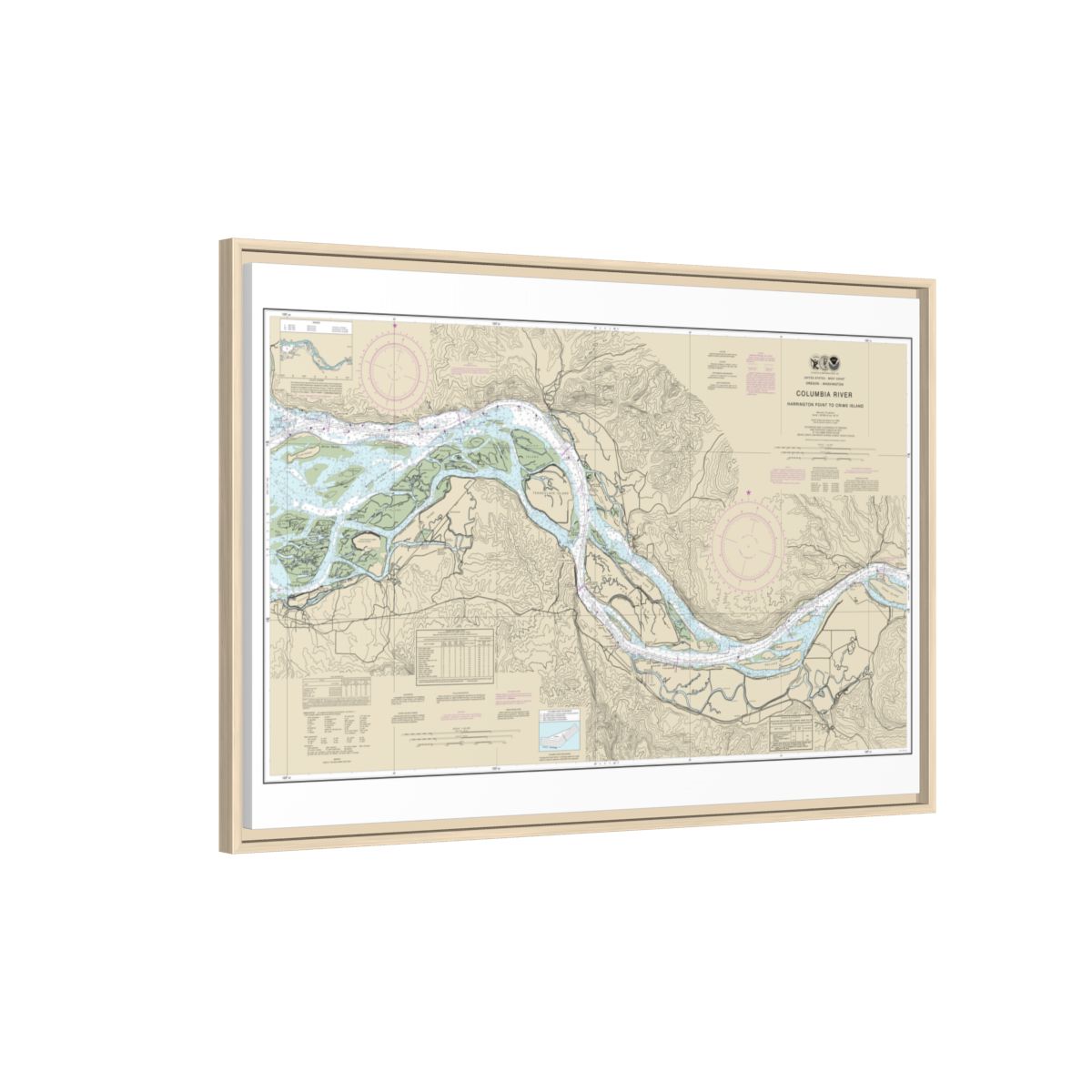 Chart 18523 Columbia River Harrington Point to Crims Island - NOAA Nautical Chart Floating Frame Canvas | 30" x 20" | 36" x 24" | 48" x 32" - Natural side