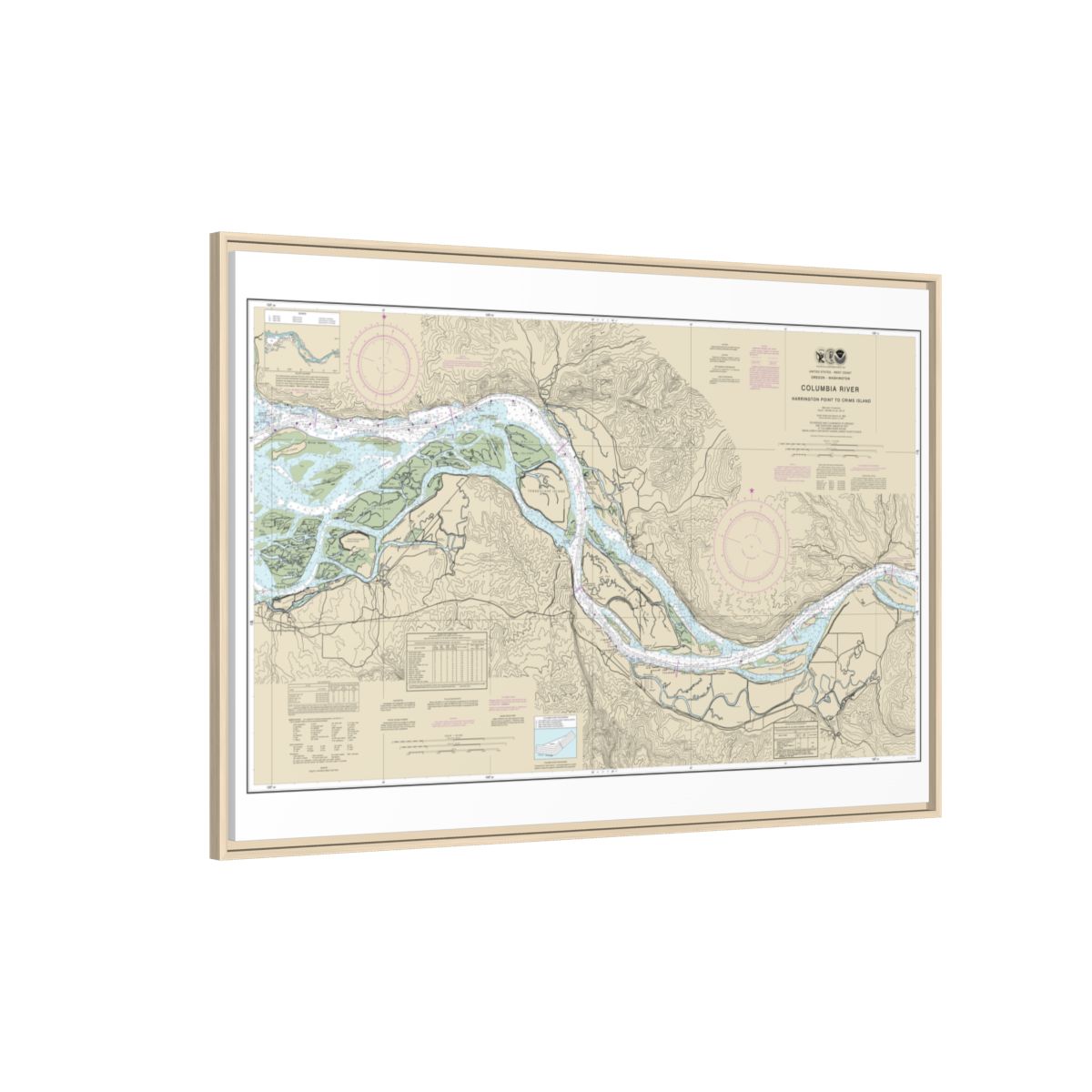 Chart 18523 Columbia River Harrington Point to Crims Island - NOAA Nautical Chart Floating Frame Canvas | 30" x 20" | 36" x 24" | 48" x 32" - Natural side