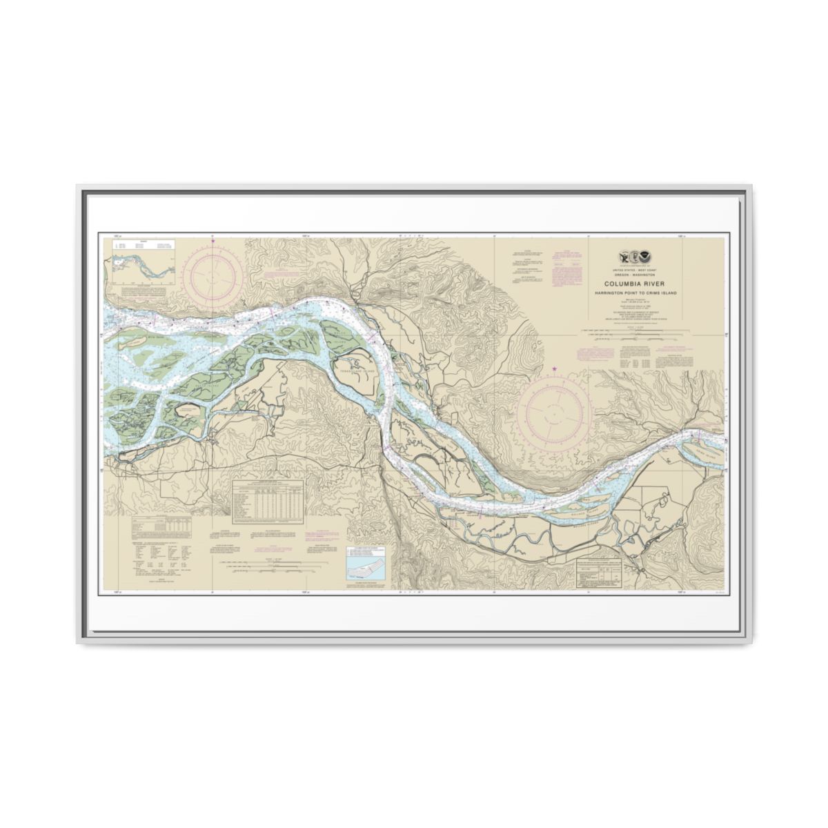 Chart 18523 Columbia River Harrington Point to Crims Island - NOAA Nautical Chart Floating Frame Canvas | 30" x 20" | 36" x 24" | 48" x 32" - White front