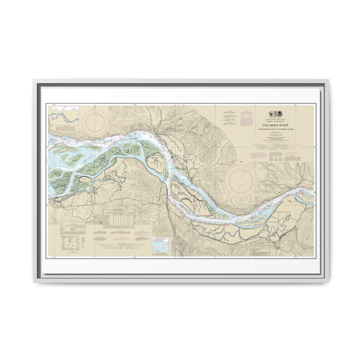 Chart 18523 Columbia River Harrington Point to Crims Island - NOAA Nautical Chart Floating Frame Canvas | 30" x 20" | 36" x 24" | 48" x 32" - White front