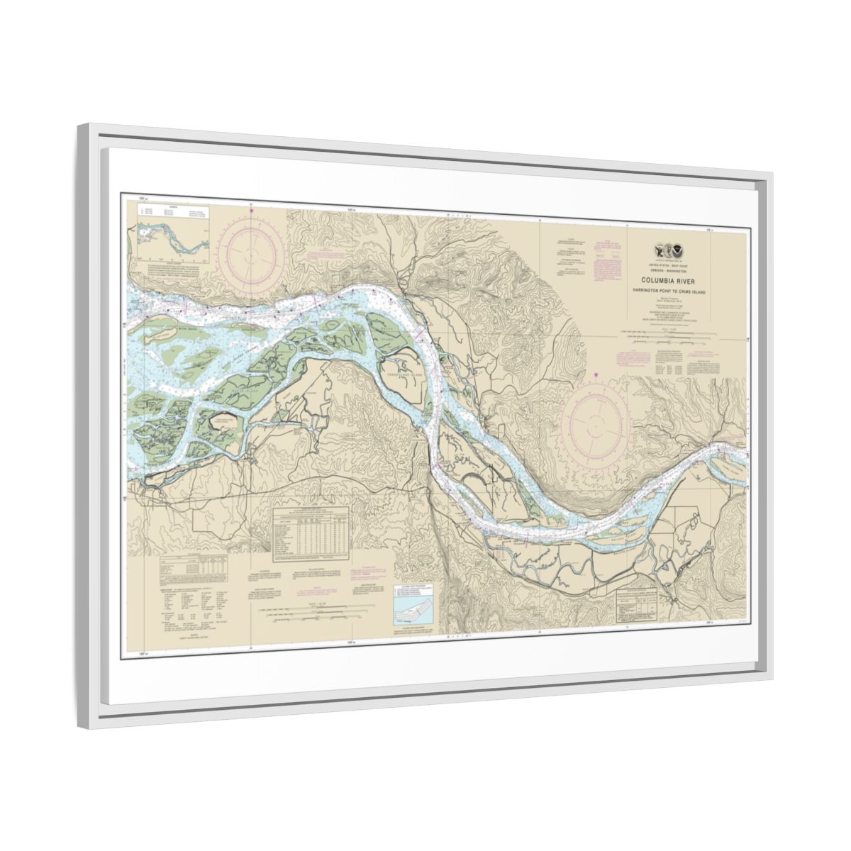 Chart 18523 Columbia River Harrington Point to Crims Island - NOAA Nautical Chart Floating Frame Canvas | 30" x 20" | 36" x 24" | 48" x 32" - White side