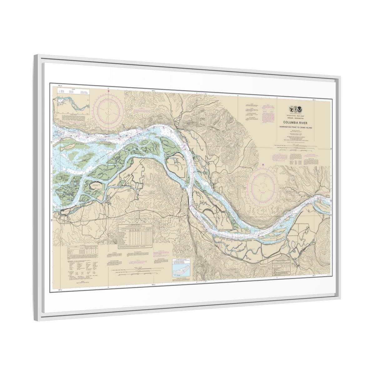 Chart 18523 Columbia River Harrington Point to Crims Island - NOAA Nautical Chart Floating Frame Canvas | 30" x 20" | 36" x 24" | 48" x 32" - White side