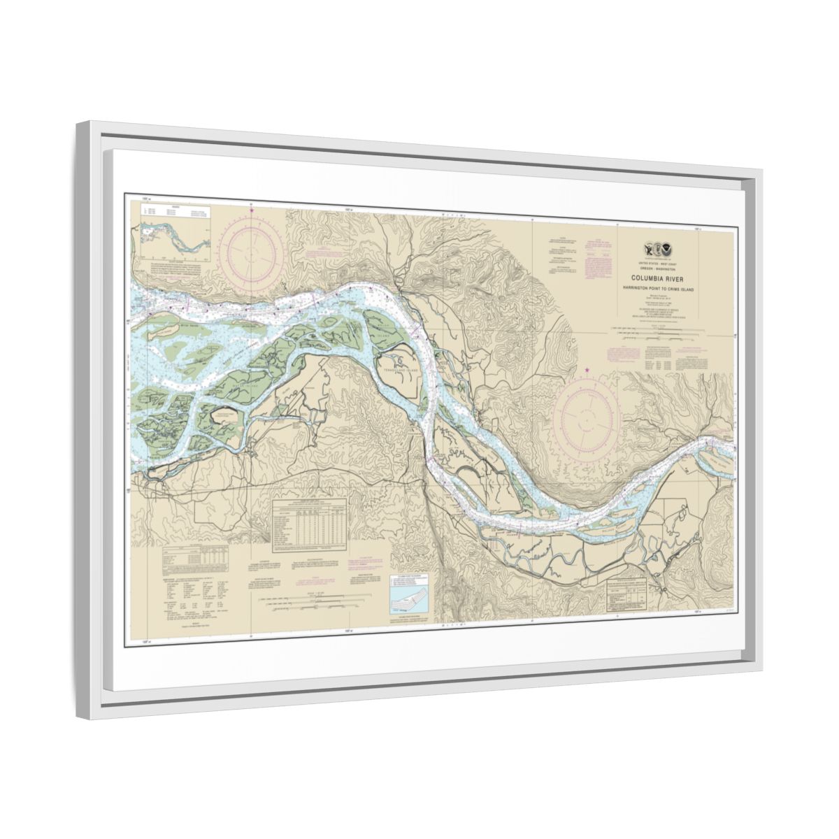 Chart 18523 Columbia River Harrington Point to Crims Island - NOAA Nautical Chart Floating Frame Canvas | 30" x 20" | 36" x 24" | 48" x 32" - White side