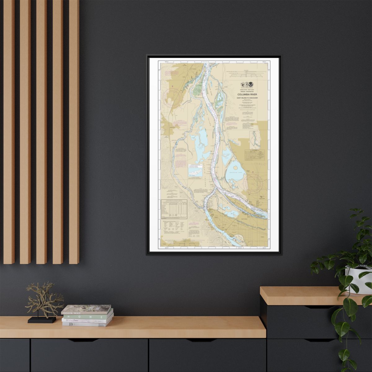 Chart 18525 Columbia River Saint Helens to Vancouver - NOAA Nautical Chart Floating Frame Canvas | 20" x 30" | 24" x 36" | 32" x 48" - Black context-2